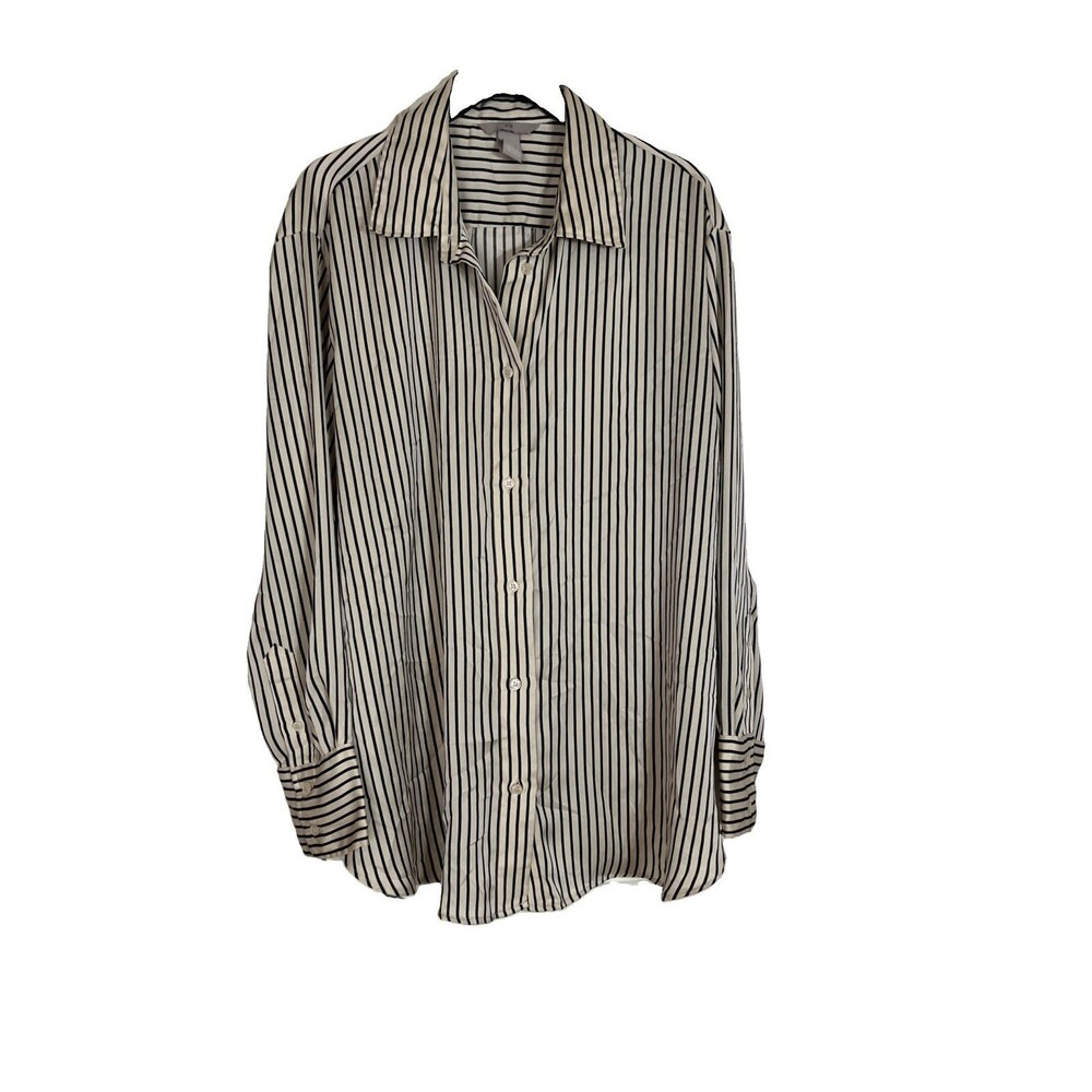 H&M Ivory Black Striped Long Sleeve Button Up Shirt Women’s L Satin Oversized - Picture 1 of 6